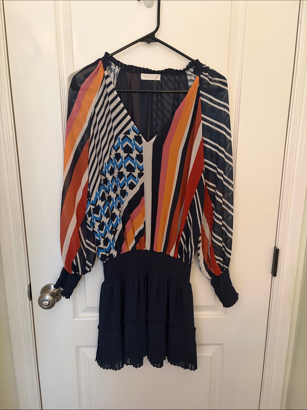 Ramy Brook Michaela  Navy Multi-Stripe V-Neck Smocked Waist Dress